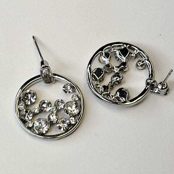 Small Crystal Round Earrings Rhinestone Bridal Small Silvertone Earrings - Picture 5 of 8